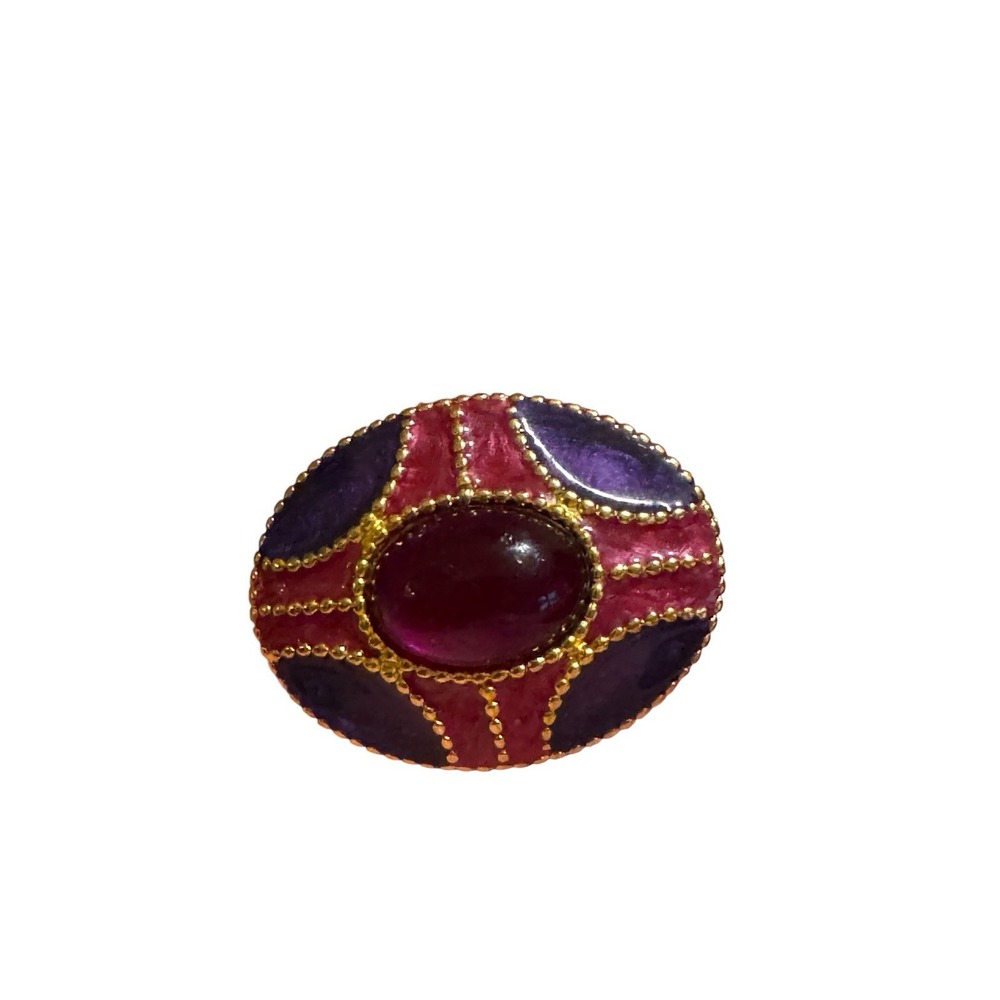 Vintage Enamel Oval Brooch Red Purple Cabochon Gold Tone Statement Pin Retro